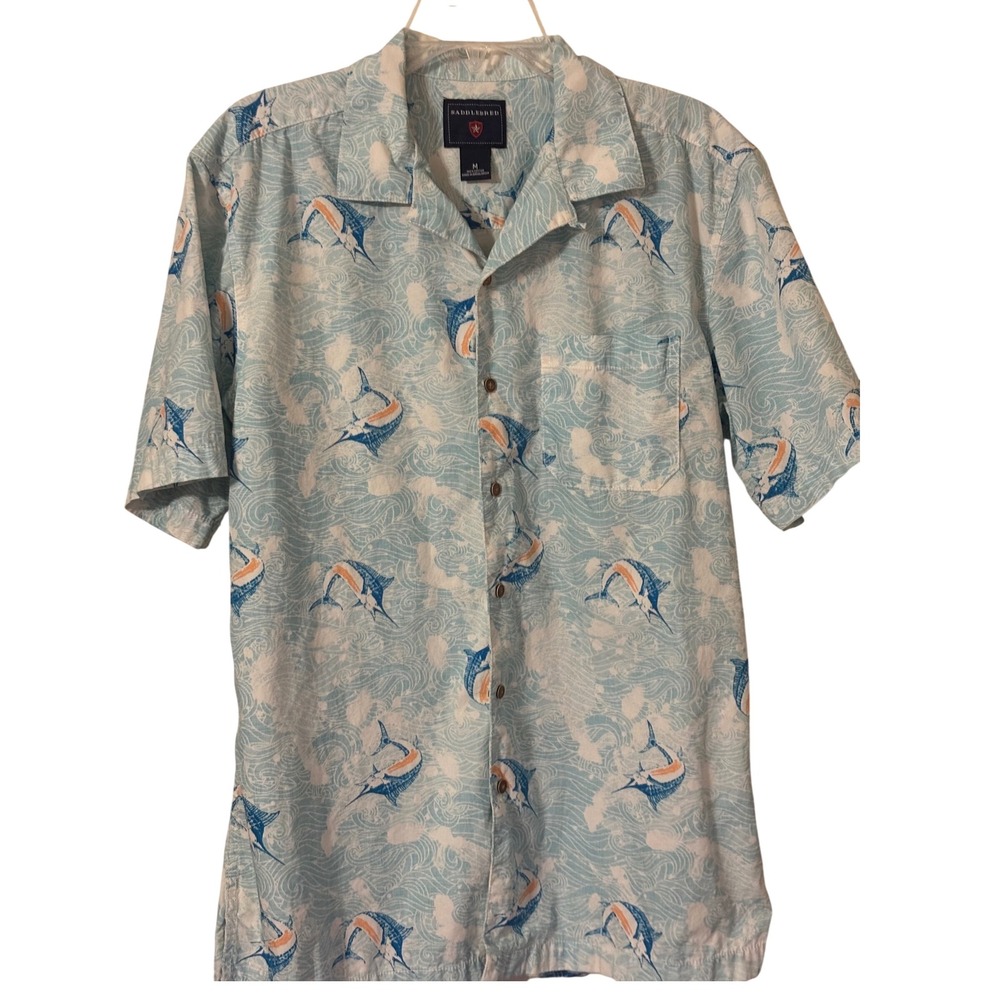 SADDLEBRED Men's Marlin Fish Print‎ Short Sleeve Button Up Shirt - Size M